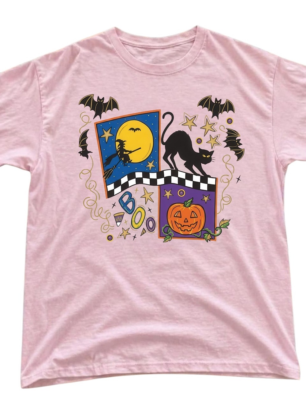 Pink Halloween Graphic Tee with Black Cat & Pumpkin